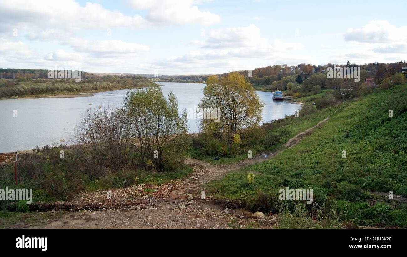 Oka River bend, autumn view from the right bank on gloomy cloudy day, at Tarusa, Kaluga Oblast, Russia Stock Photo