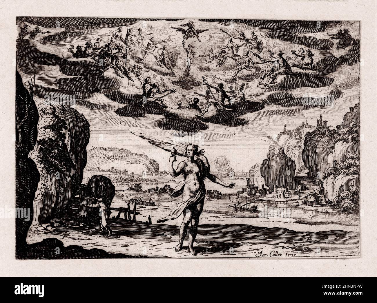 Engraving by Jacques  Callot (1592-1635), Pandore. 1625-1626 Pandora is a goddess who brought suffering and hope to the Earth.  Jacques Callot (c. 159 Stock Photo