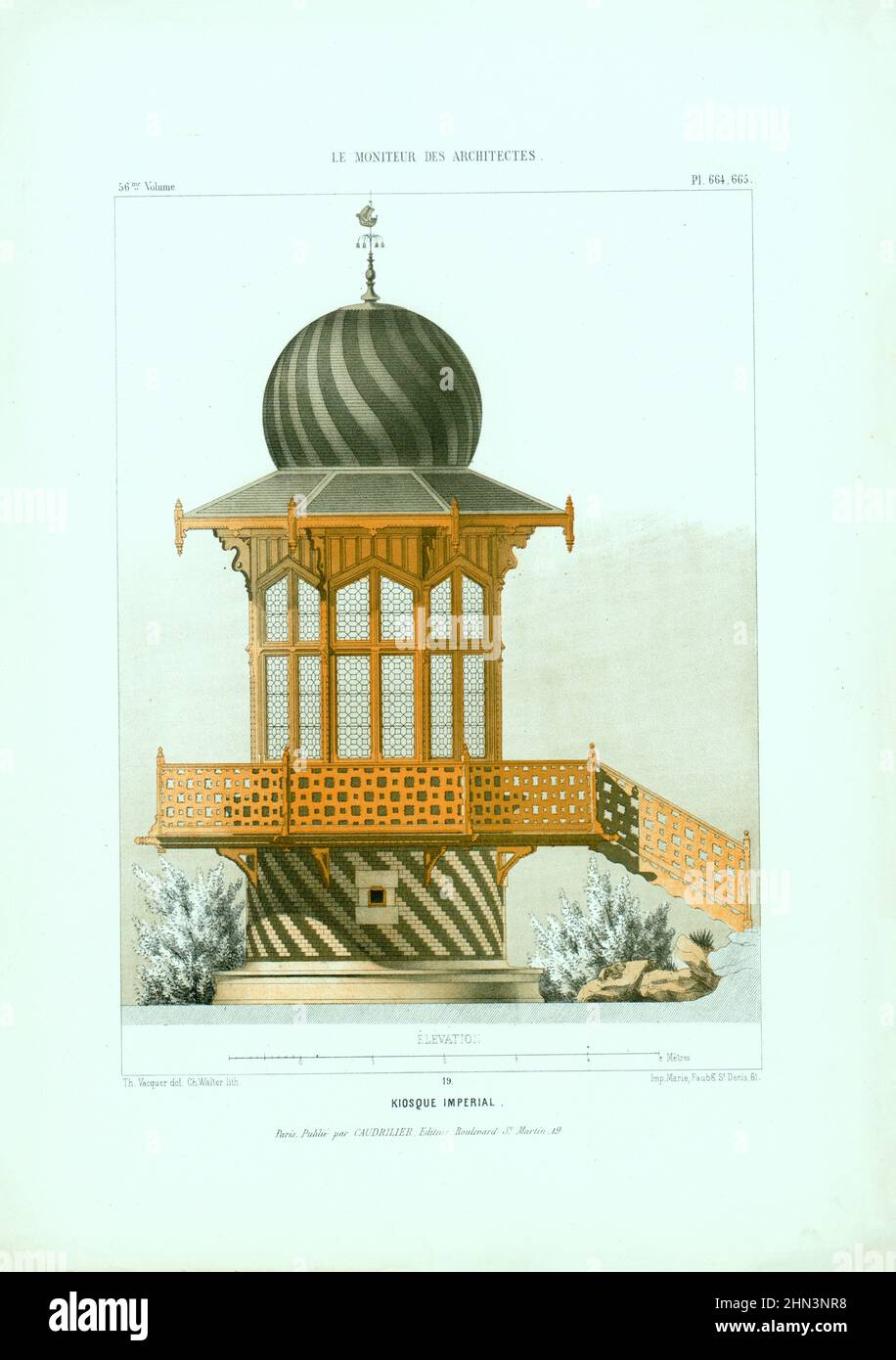 Vintage lithograph of Imperial kiosk at the Bois de Boulogne in Paris The Bois de Boulogne architectural: collection of embellishments executed in its Stock Photo