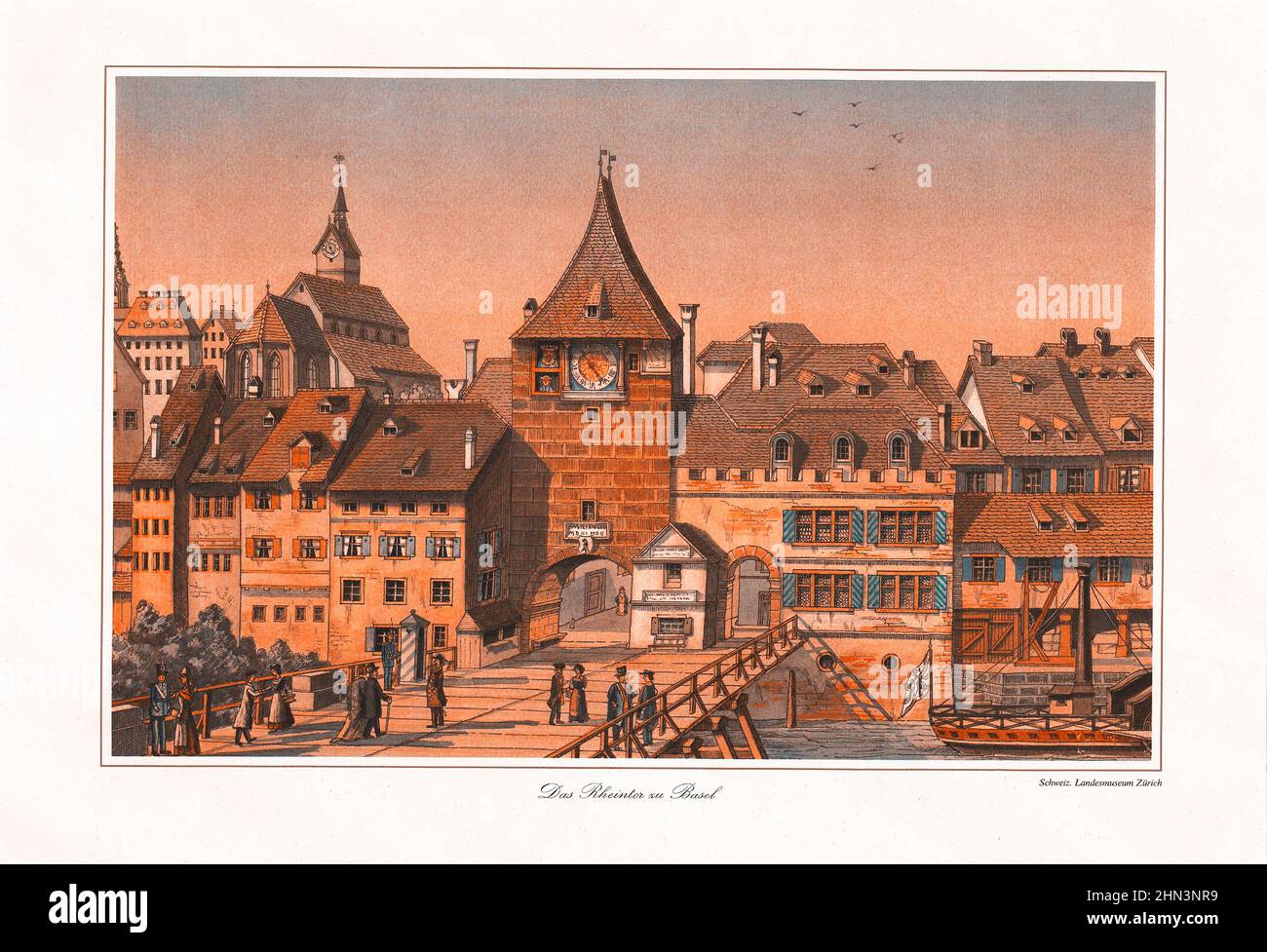Lithograph of the Rhine Gate, a gate of the city of Basel and once part of the inner Basel city wall. It formed the Porte on the Grossbasel side at th Stock Photo