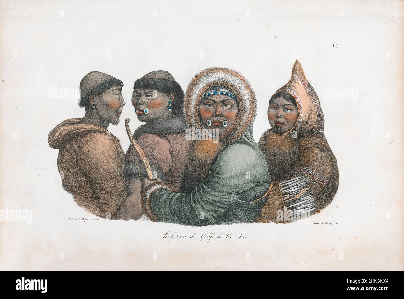 Vintage color illustration of Inhabitants of the Kotzebue Sound. 1822, by Louis Choris. Kotzebue Sound is an arm of the Chukchi Sea in the western reg Stock Photo
