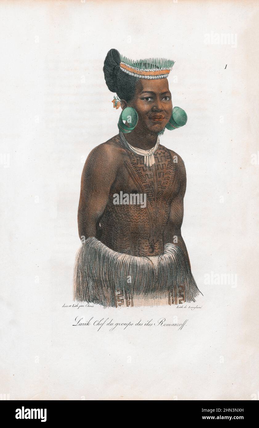 Vintage illustration of Larik, Head of the Romanzoff Islands group (Marshall Islands), tattooed and wearing necklace, earrings and traditional head de Stock Photo