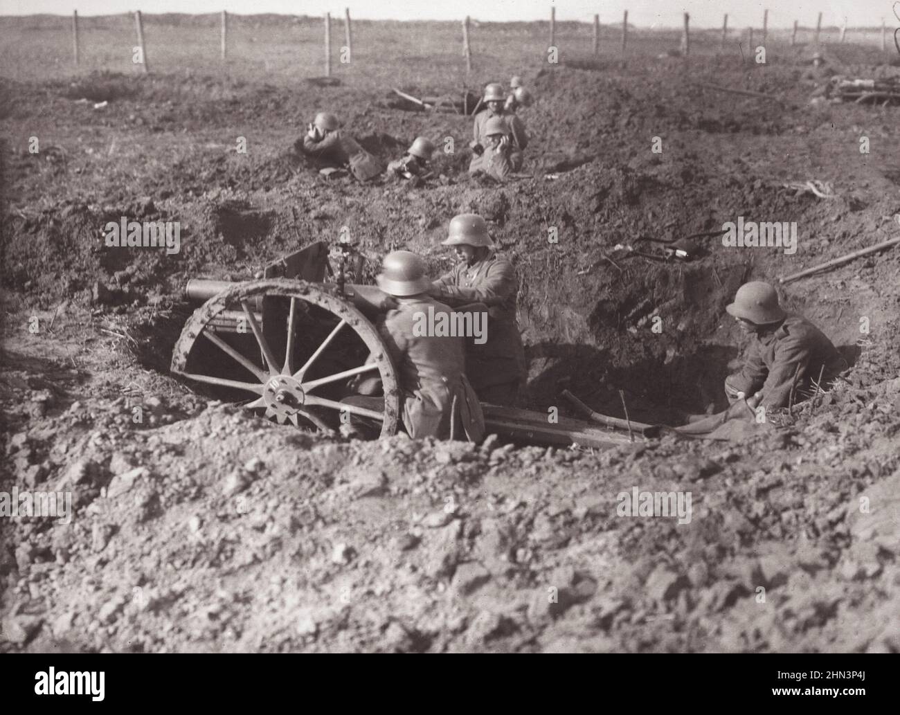 Archival photo of German artillery on position. West Front of World War I. 1917-1918 Stock Photo