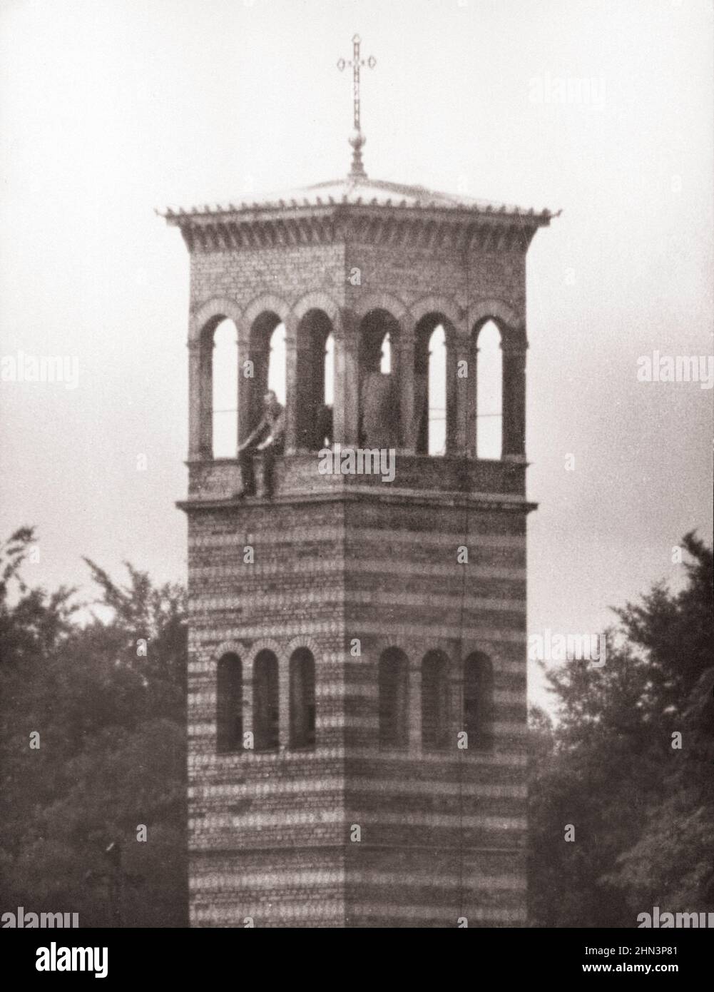 Berlin Crisis of 1961: Building the Wall Observation Tower 'Sakrower Heilandskirche' Church by Eastern Border Patrol. Should A Fugitive Try to Escape, Stock Photo