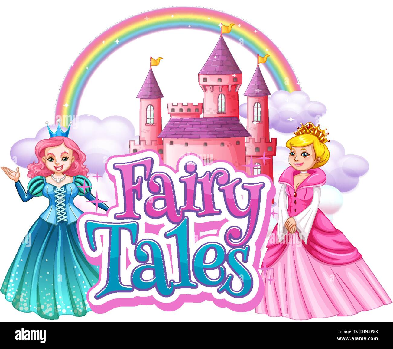 Fairy Tales word logo with two princesses in cartoon style illustration Stock Vector