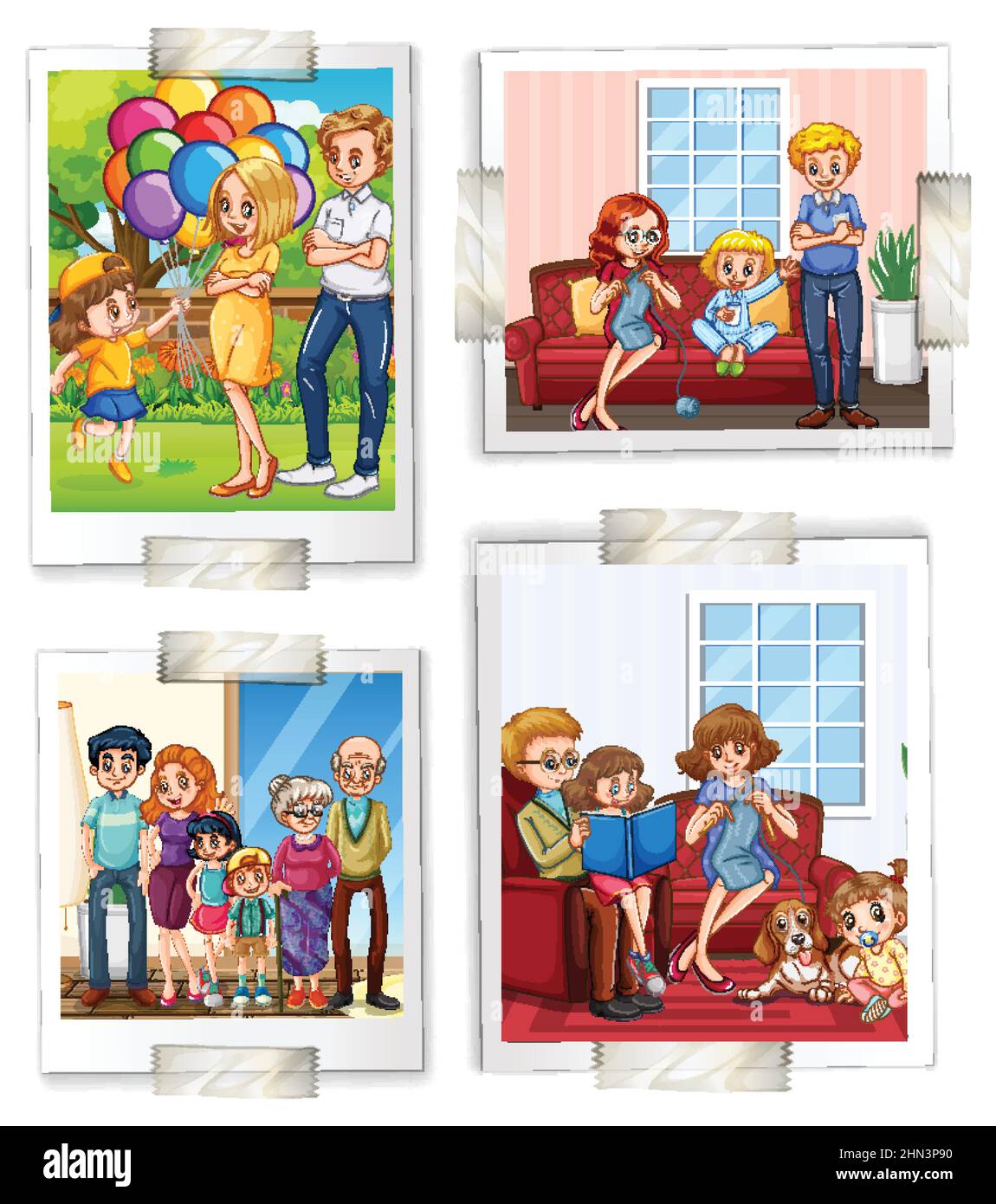 Set of happy family photos on white background illustration Stock