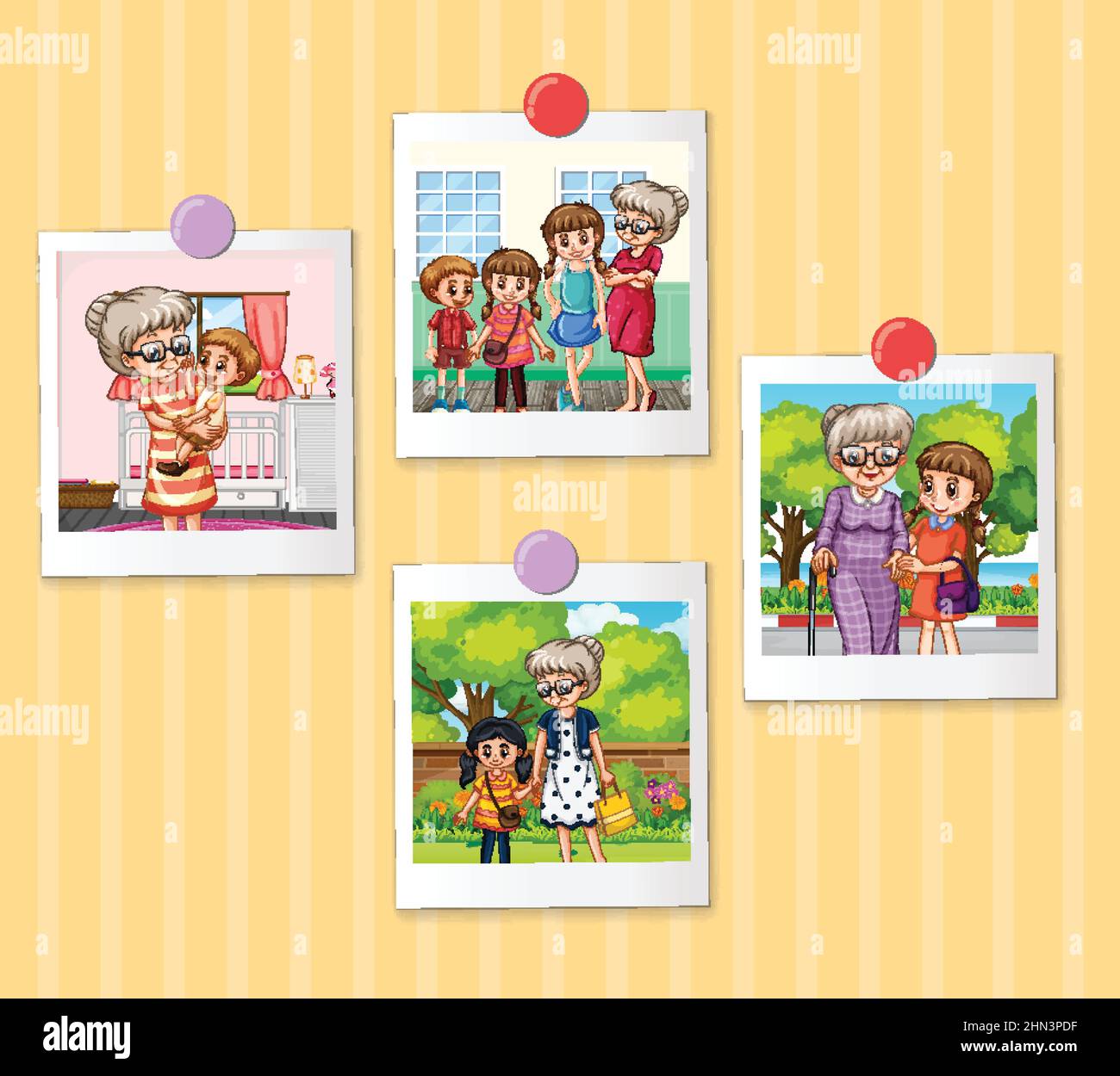 Set of family photos on striped yellow wallpaper illustration Stock