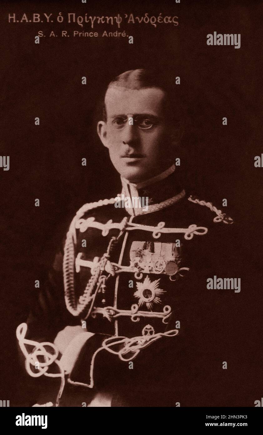 Vintage Greek postcard of prince Andrew of Greece and Denmark. Prince Andrew of Greece and Denmark (1882–1944) of the House of Schleswig-Holstein-Sond Stock Photo