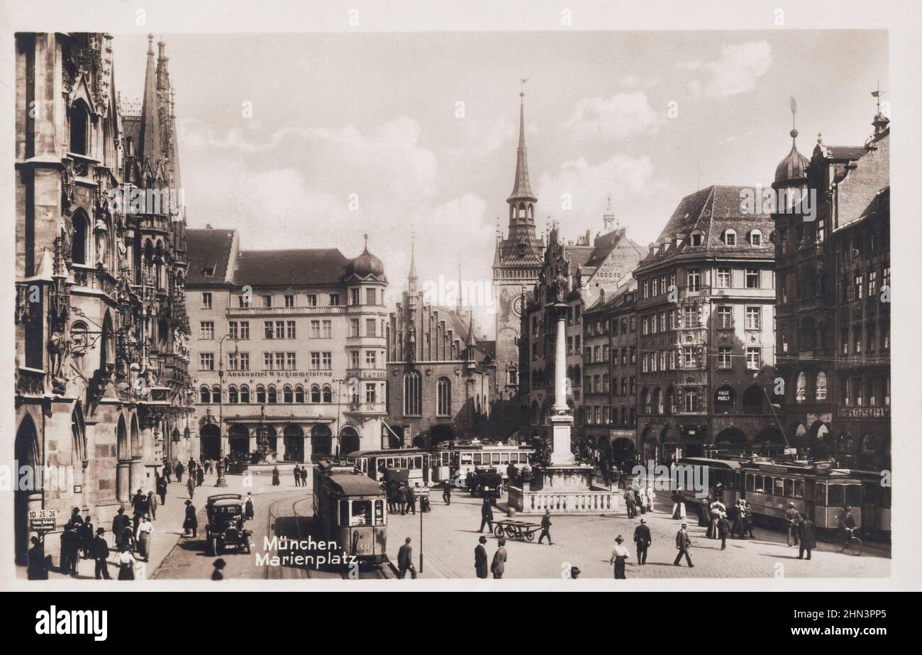 Vintage German postcard of Munich, Marienplatz. Germany. 1911-1923 Stock Photo