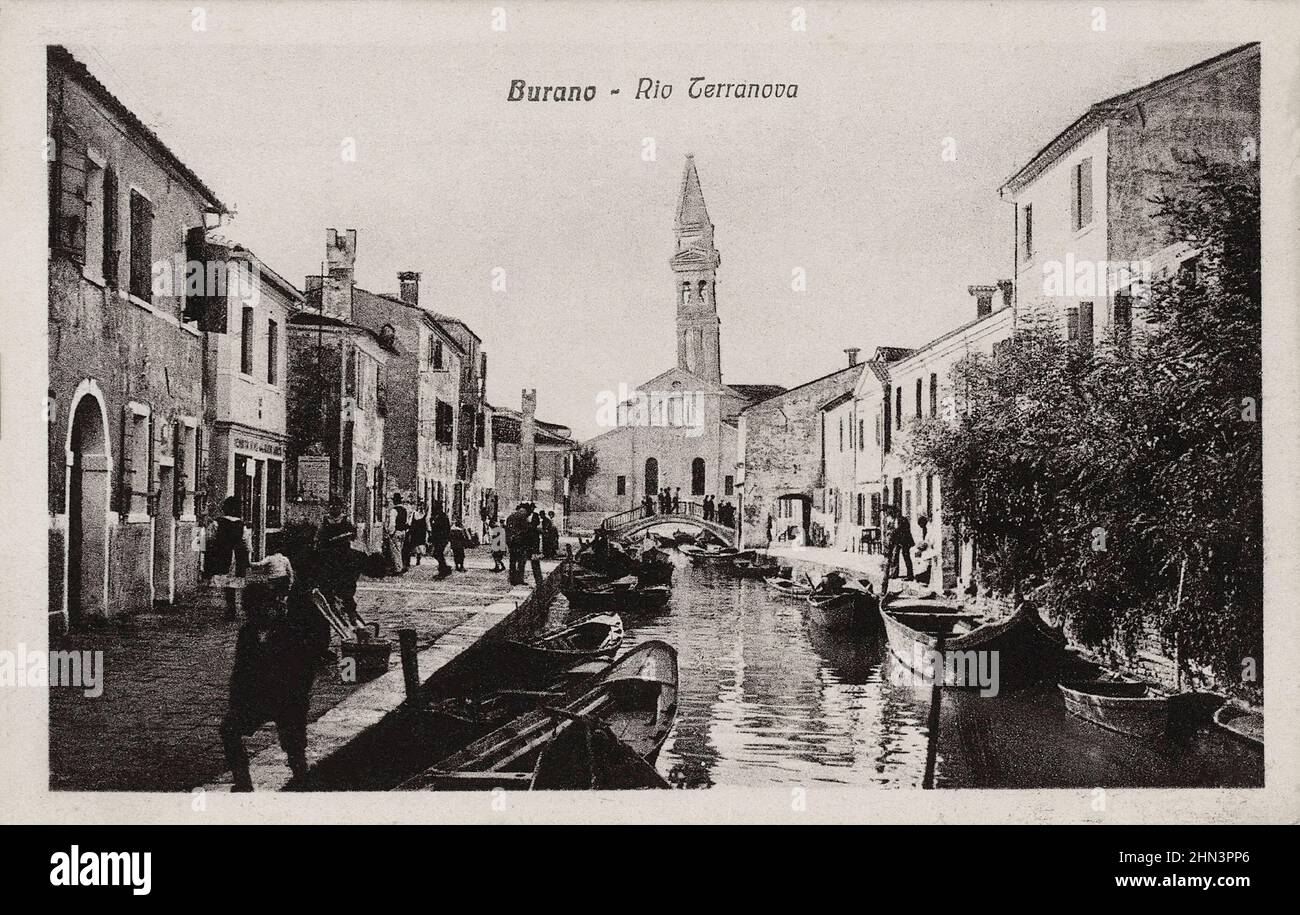Vintage postcard of Venezia-Burano, Rio Terranova. Italy, ca. 1931 Stock Photo