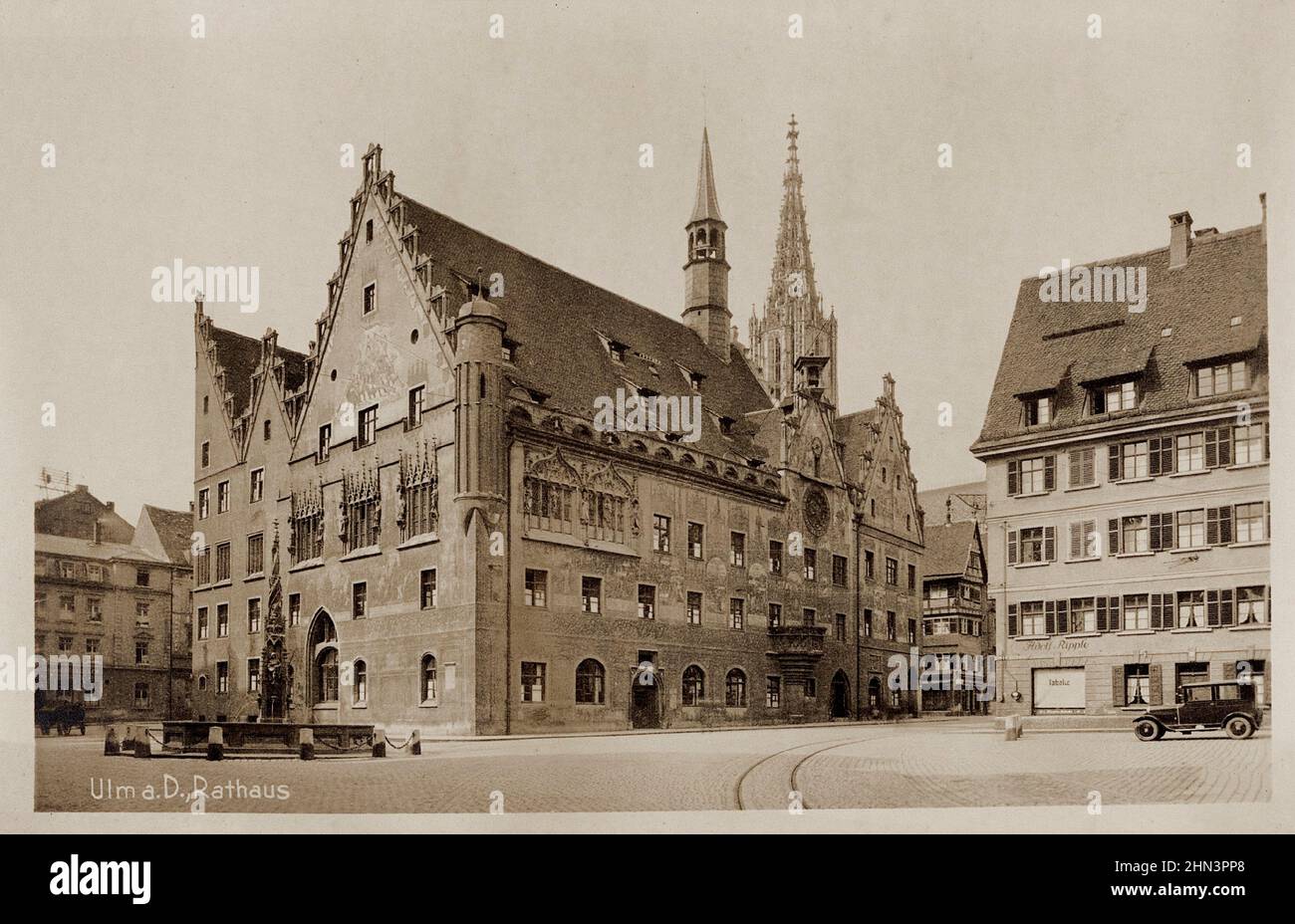 Vintage photo of Ulm, Rathaus. Germany. 1920s A city in the German state of Baden-Württemberg, situated on the river Danube Stock Photo