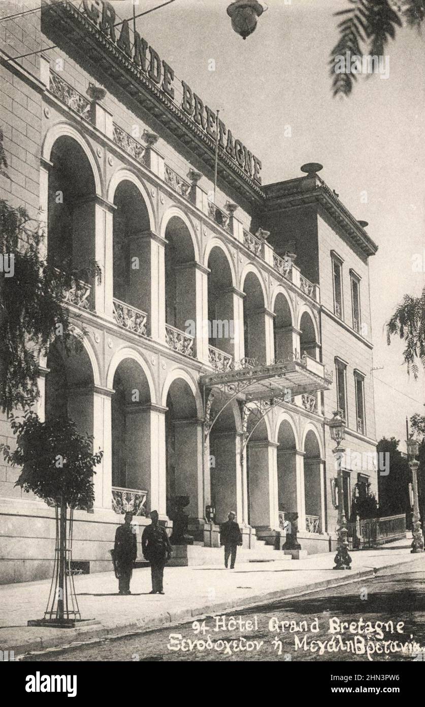 Vintage postcard of The Hotel Grande Bretagne. 1900s The Hotel Grande Bretagne is a luxury hotel in Athens, Greece. It is located on Syntagma Square, Stock Photo