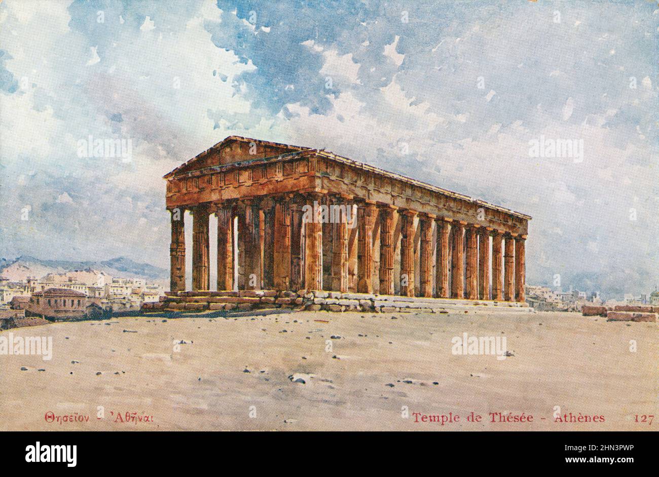 Vintage color postcard of Temple of Hephaestus (Hephaisteion). 19th century. The Temple of Hephaestus or Hephaisteion (formerly called in error the Th Stock Photo