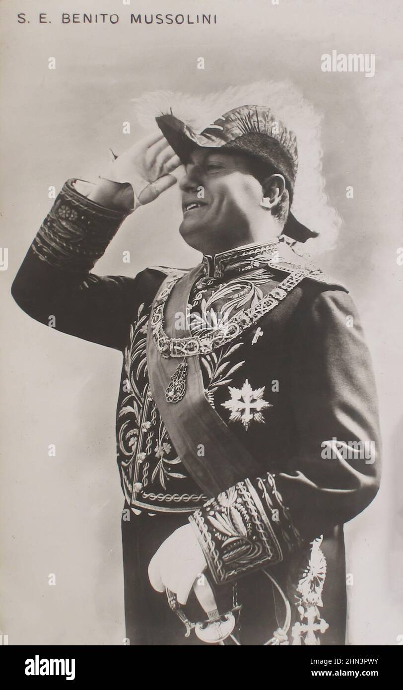 Vintage postcard of Benito Mussolini. May 1927 Benito Amilcare Andrea Mussolini (1883–1945) was an Italian politician and journalist who founded and l Stock Photo