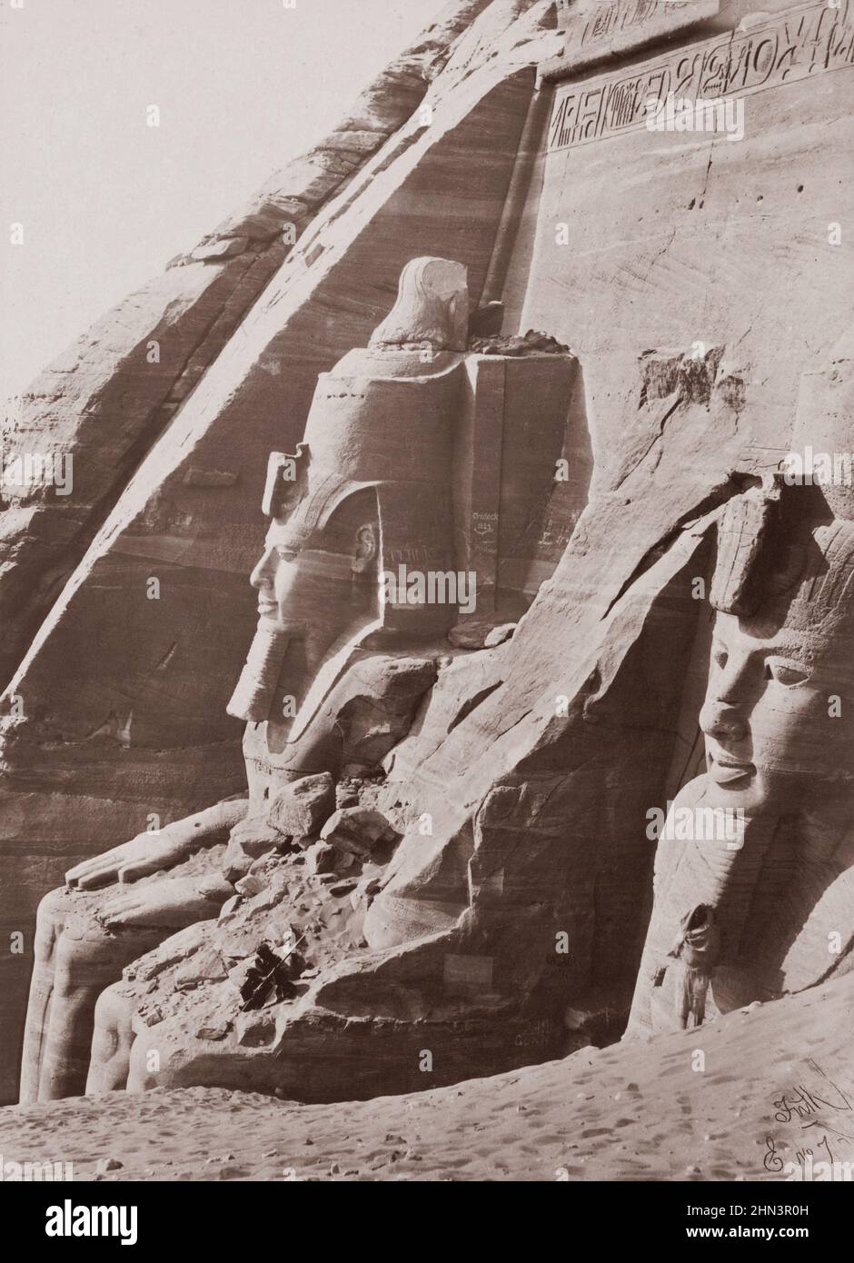 Vintage 19th century photo of Abu Simbel in Egypt. By Francis Frith. 1862 Abu Simbel are two massive rock-cut temples in the village of Abu Simbel, As Stock Photo