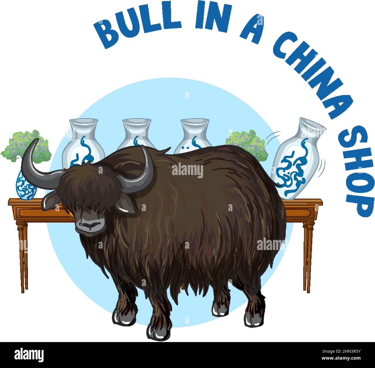 English idiom with bull in a china shop illustration Stock Vector