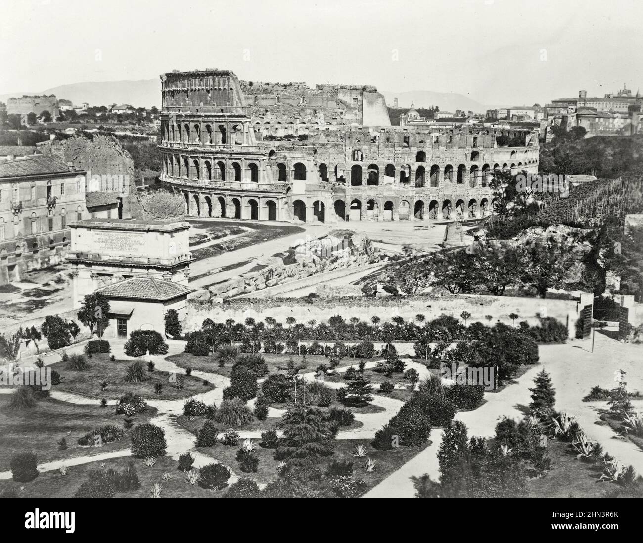 Vintage panoramic photo of Colosseum, Rome, Italy. Late 19th century Stock Photo