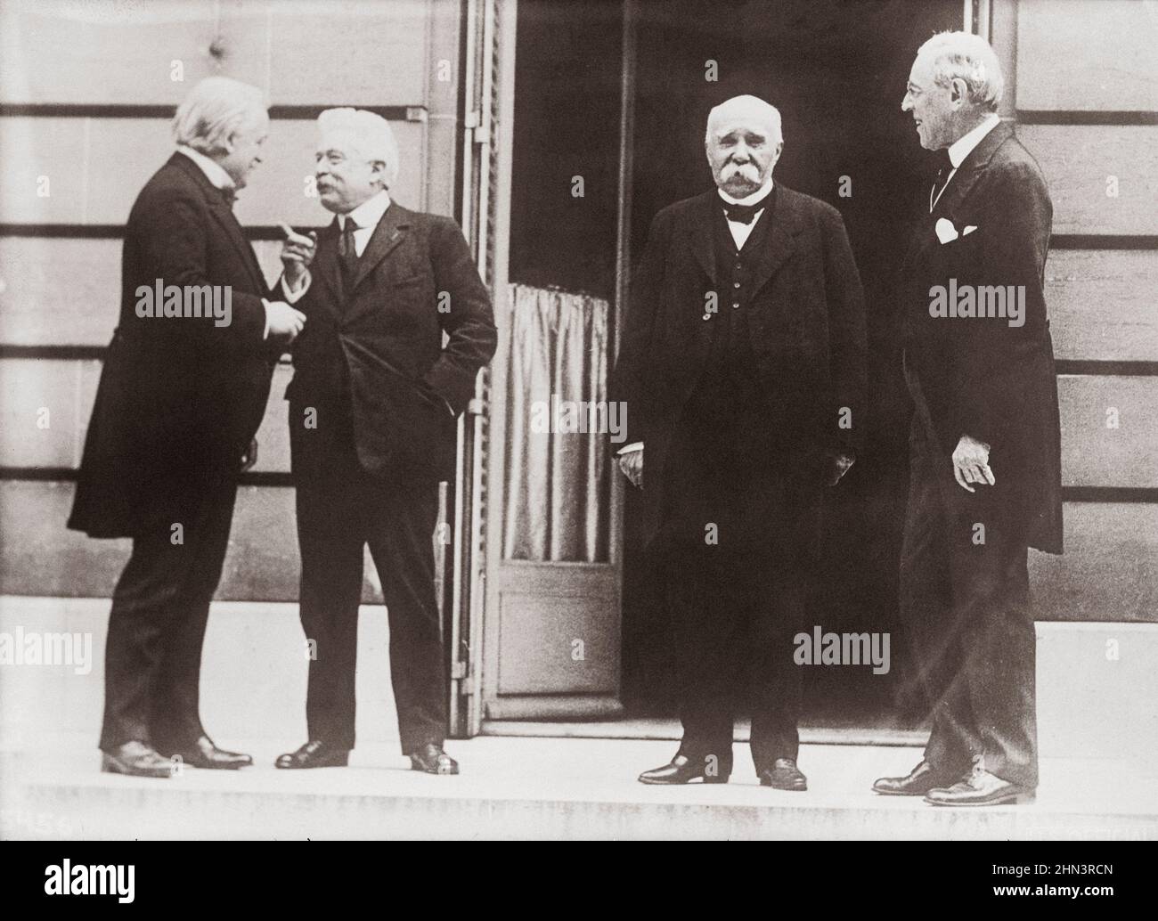 Vintage photo of 'Big Four' world leaders at World War I Peace Conference in Paris, May 27, 1919. From left to right: Prime Minister David Lloyd Georg Stock Photo