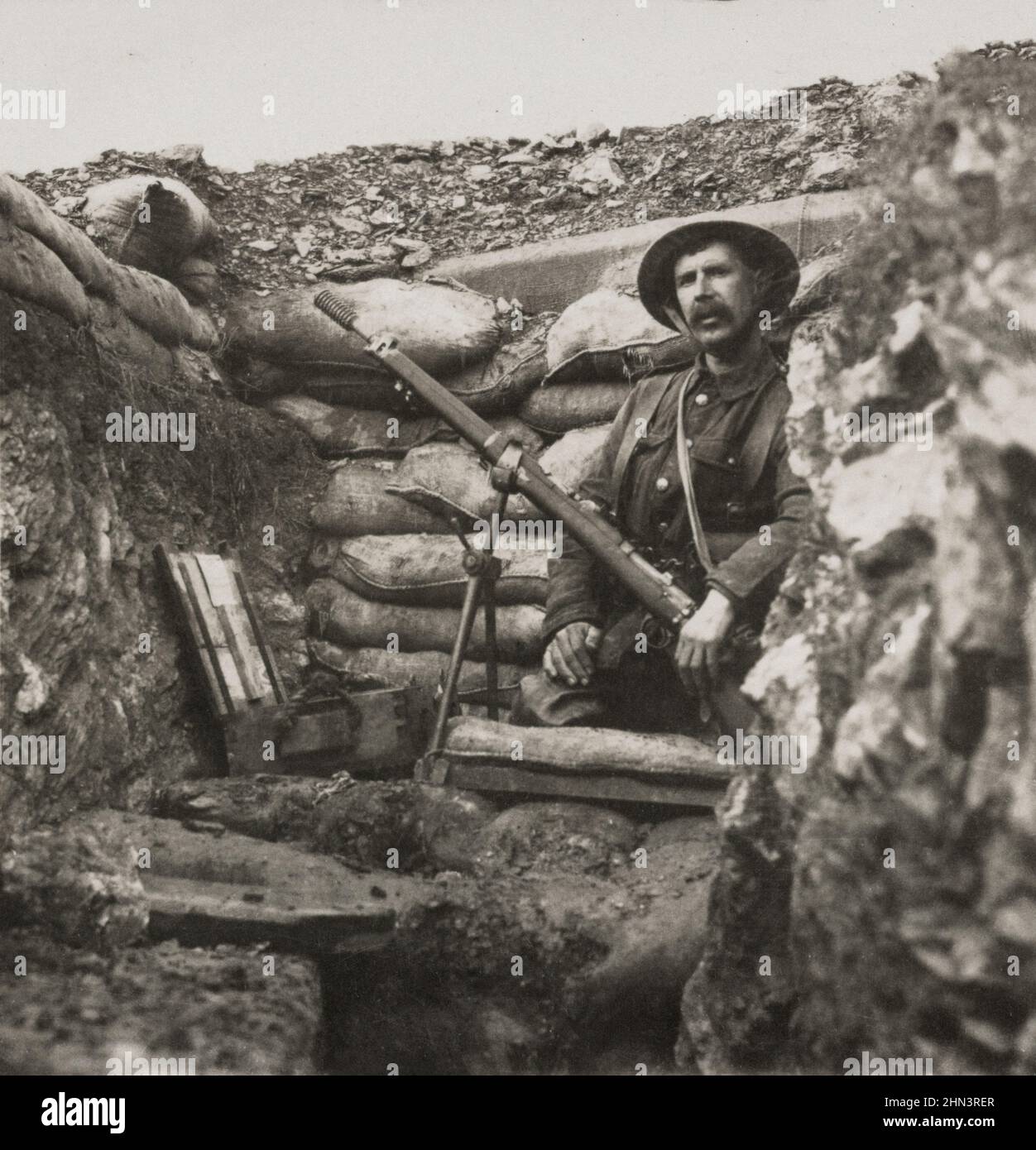 Vintage photo of World War I. 1914-1918. Rifle grenade in a British line trench in the Balkans (Macedonian front). 1915-1918 Stock Photo