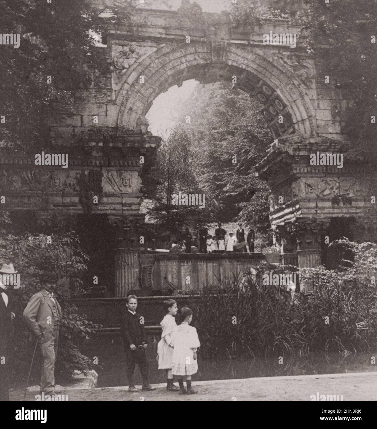 Vintage photo of Old Roman ruin, Schönbrunn Palace. Vienna, Austria. Late of the 19th century. Stock Photo