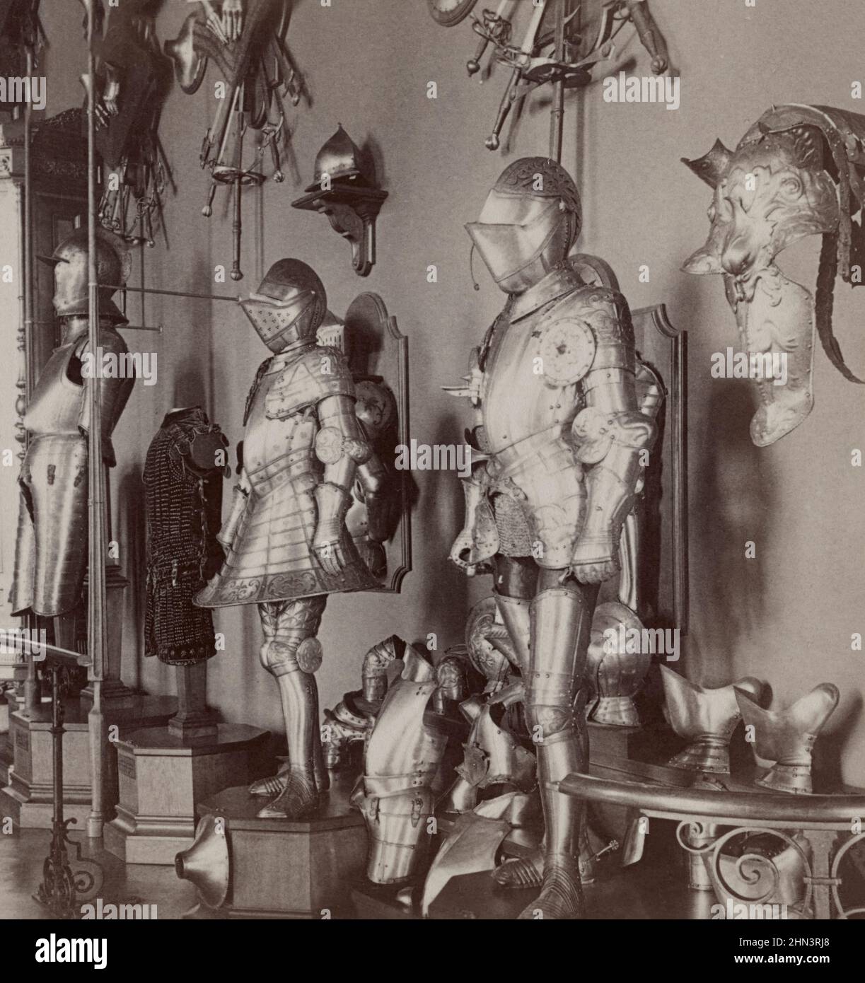 Vintage photo of armor suits of the Archbishops of Salzburg (15th century), Imperial Armory. Vienna, Austria. 1898 Stock Photo