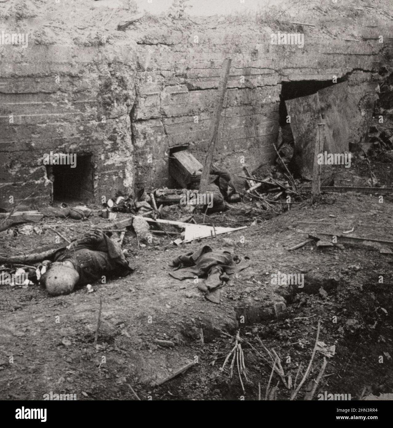 World War I, 1914-1918.  Vintage photo of strong concrete German position and victims after Battle of Menin Road. Belgium The Battle of the Menin Road Stock Photo