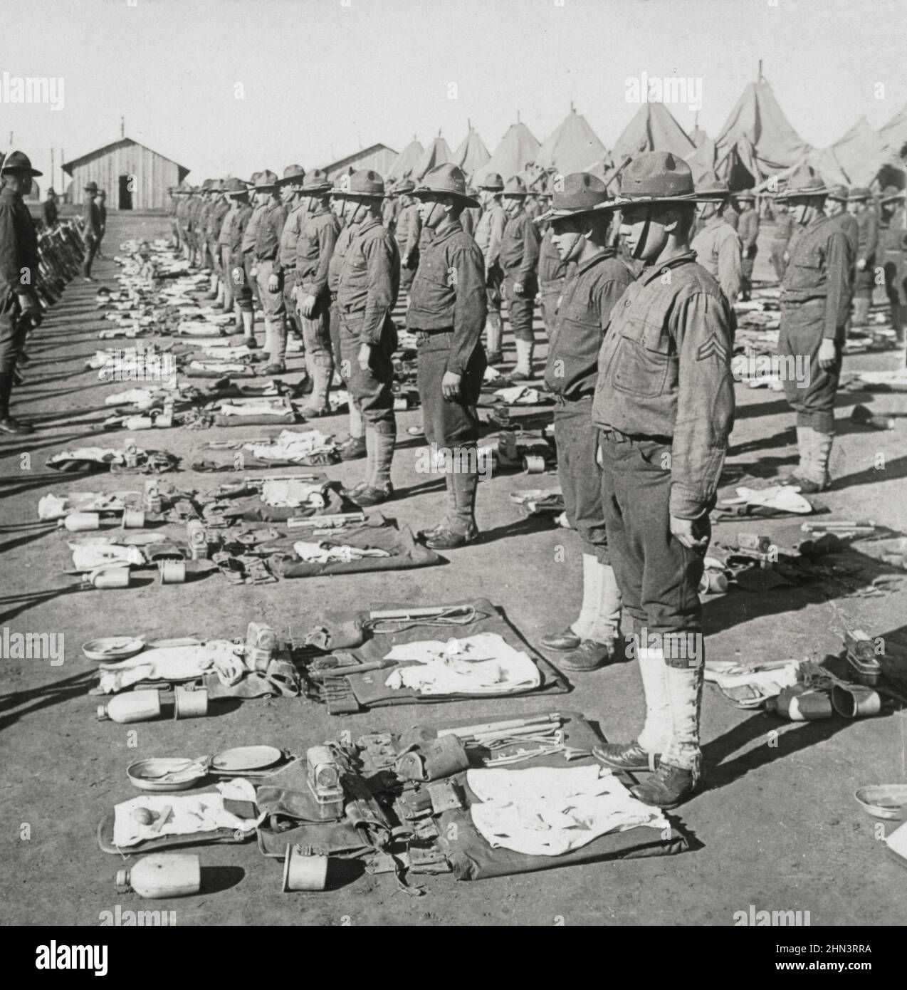 Vintage photo of World War I. 1914-1918. Pack inspection of American 139th infantry regiment,  American Army Camp. U.S.A. Stock Photo