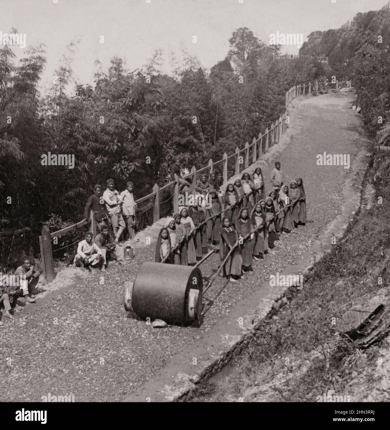 Vintage photo of group of 20-women on Darjeeling highway.  Who was unlucky enough to be born a man in India. 1903 Stock Photo