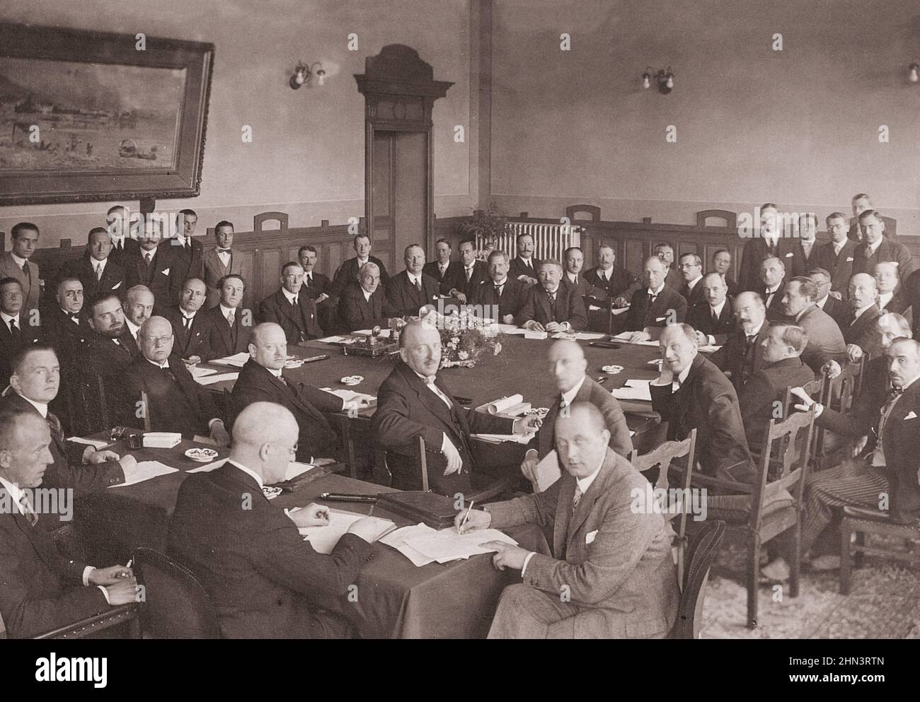 Archival photo of negotiating Table of the Locarno Treaties. 1925 On the photo could see: Edvard Beneš, Aleksander Skrzyński, Aristide Briand, Emile V Stock Photo
