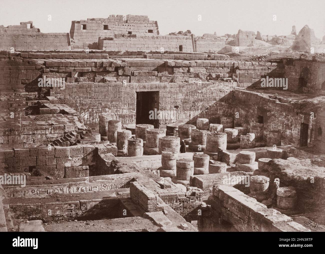 Vintage photo of Interior of Temple of Medinet Habu (Temple of Ramesses III). Thebes. Egypt.  By Francis Frith. 1850s Stock Photo