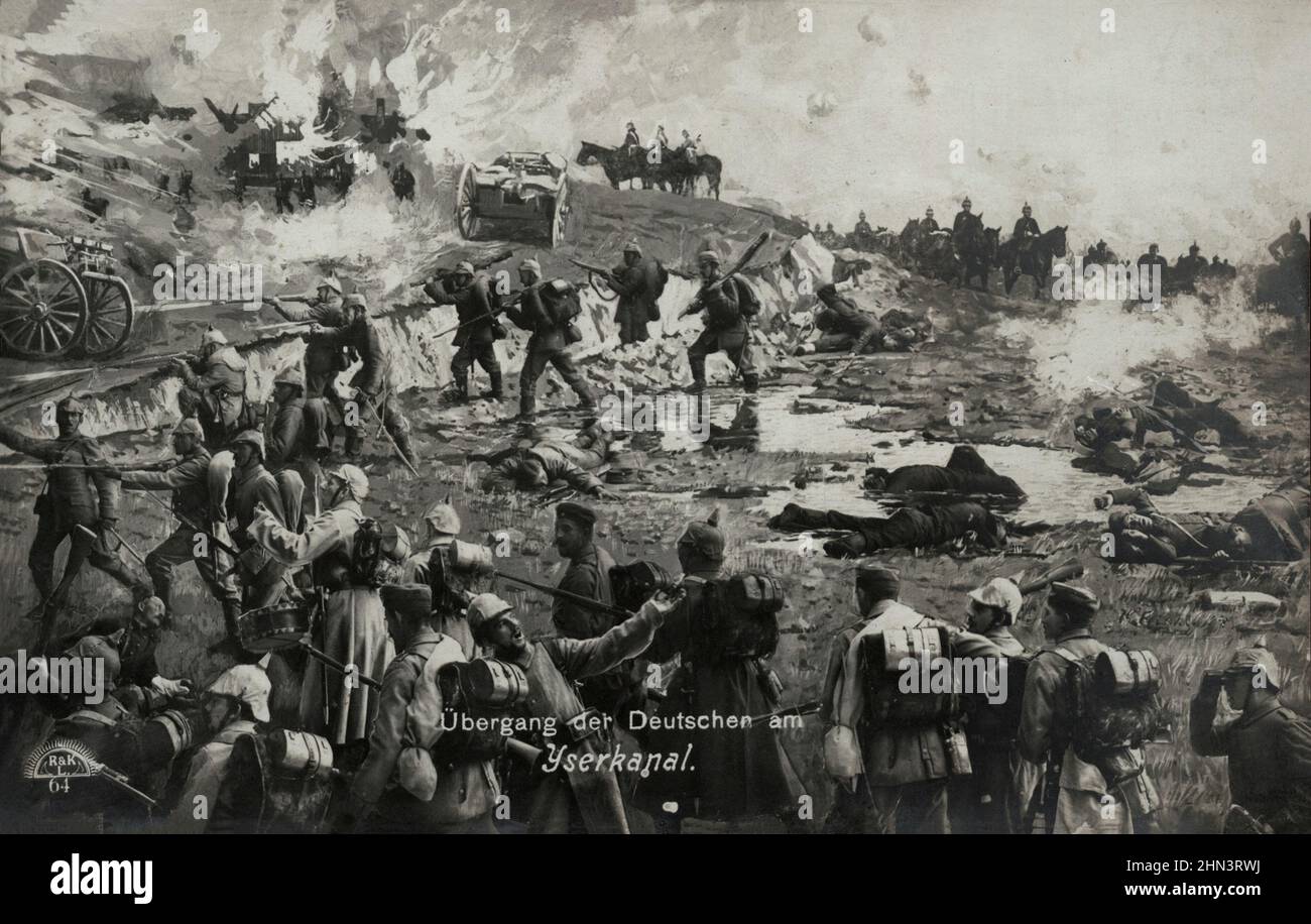 Vintage postcards of World War I. Germans troops crossing the Yser. 1914-1918 Stock Photo