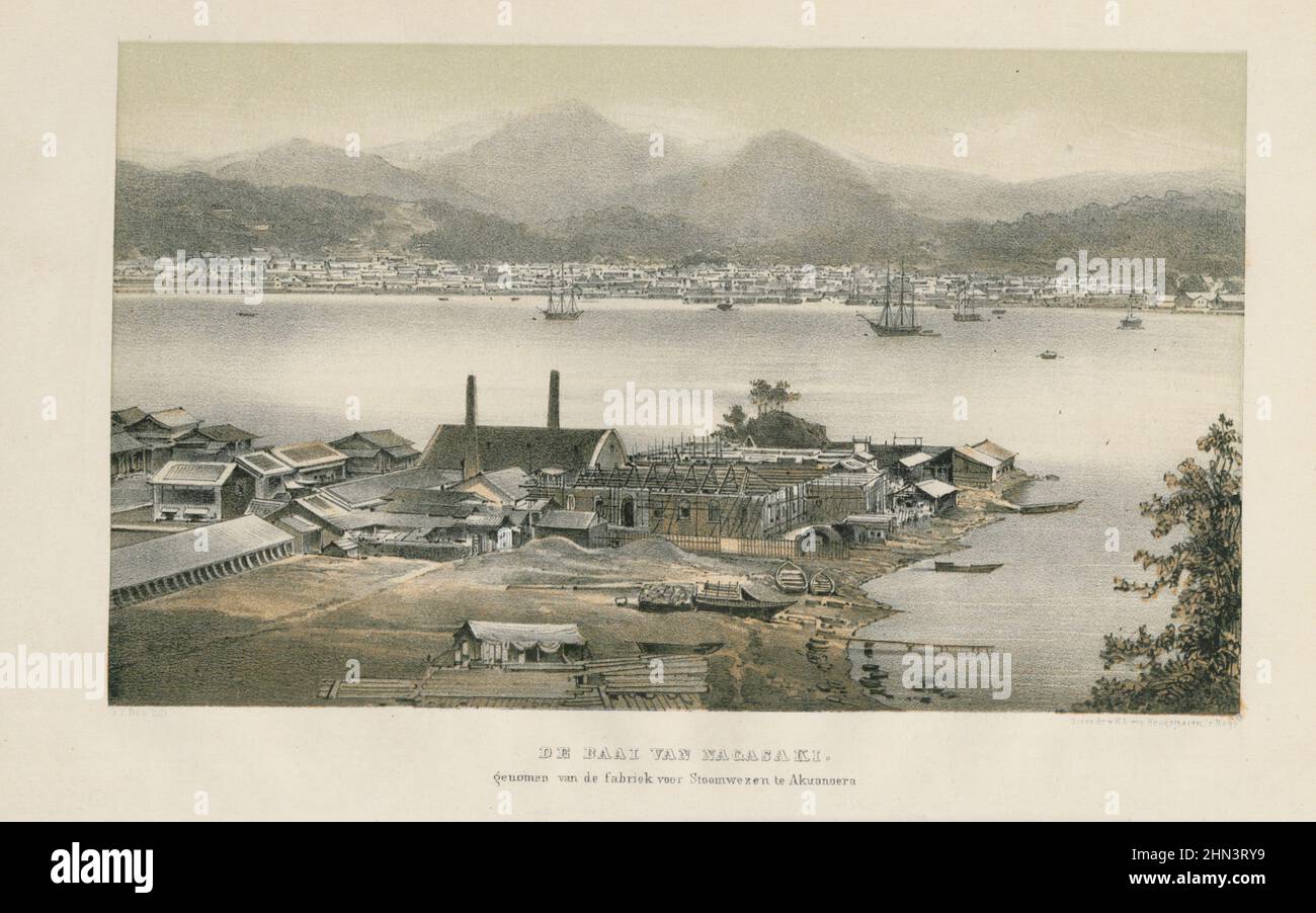Vintage book illustration of the Bay of Nagasaki. Taken from the Steam factory at Akuanoera. 1867 Stock Photo