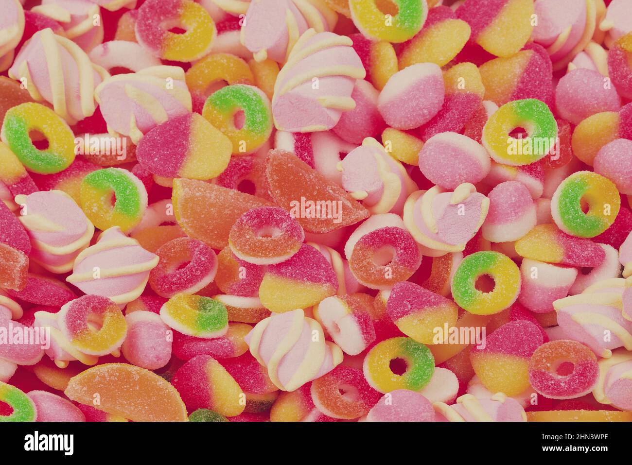 Assorted gummy candies. Top view. Stock Photo