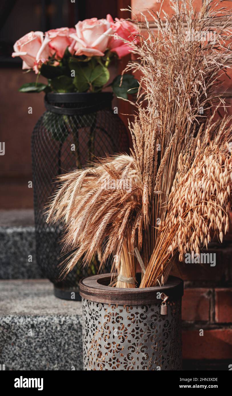 Beautiful dried flower bouquet in vase. farmhouse. eco style Stock