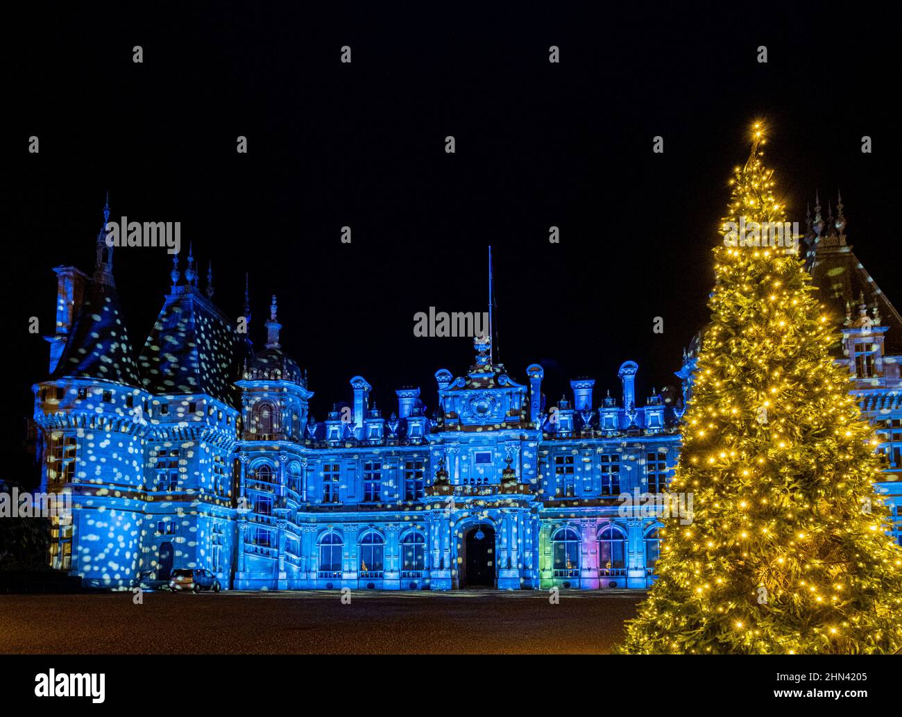 Waddesdon Manor illuminated with Christmas and winter lights in the