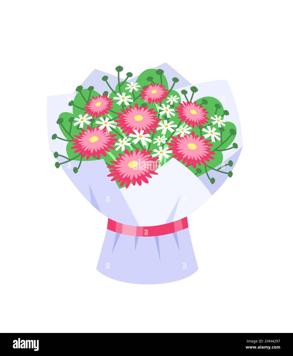 Beautiful romantic floral bouquet of asters and daisies flowers. Lovely floral arrangement tied with ribbon. Flat vector cartoon illustration. Graphic Stock Vector