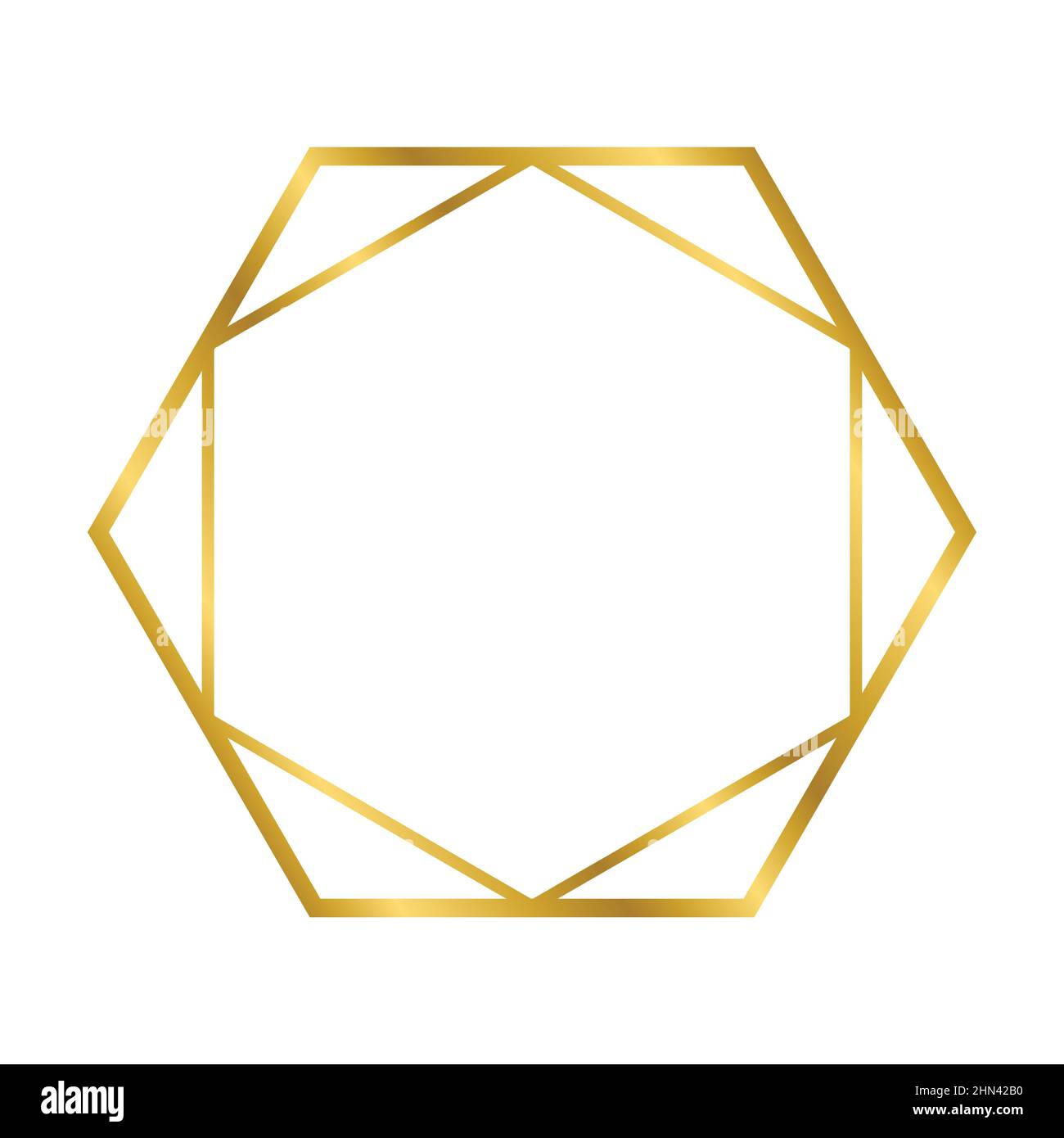 Gold shiny glowing vintage hexagon frame with shadows isolated on white