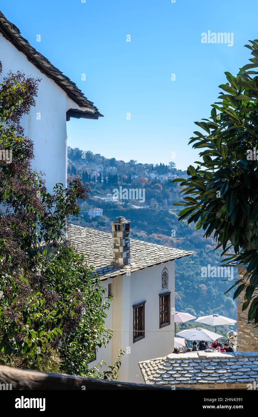 Makrinitsa Greece - Traditional village of Makrinitsa with the stone built houses and the picturesque square, lies on the slopes of Pelion Stock Photo