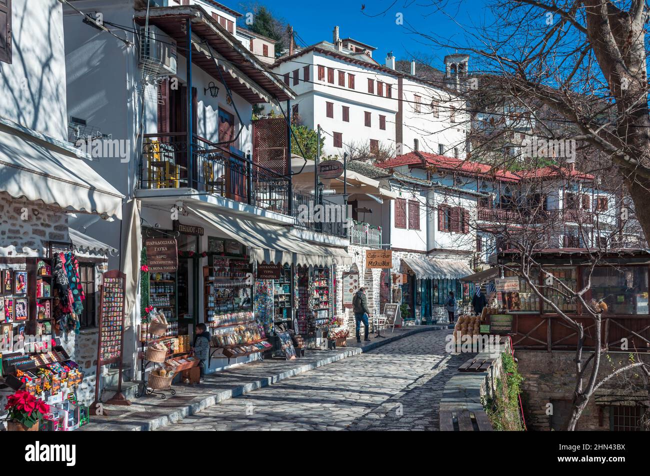 Makrinitsa Greece - Traditional village of Makrinitsa with the stone built houses and the picturesque square, lies on the slopes of Pelion Stock Photo