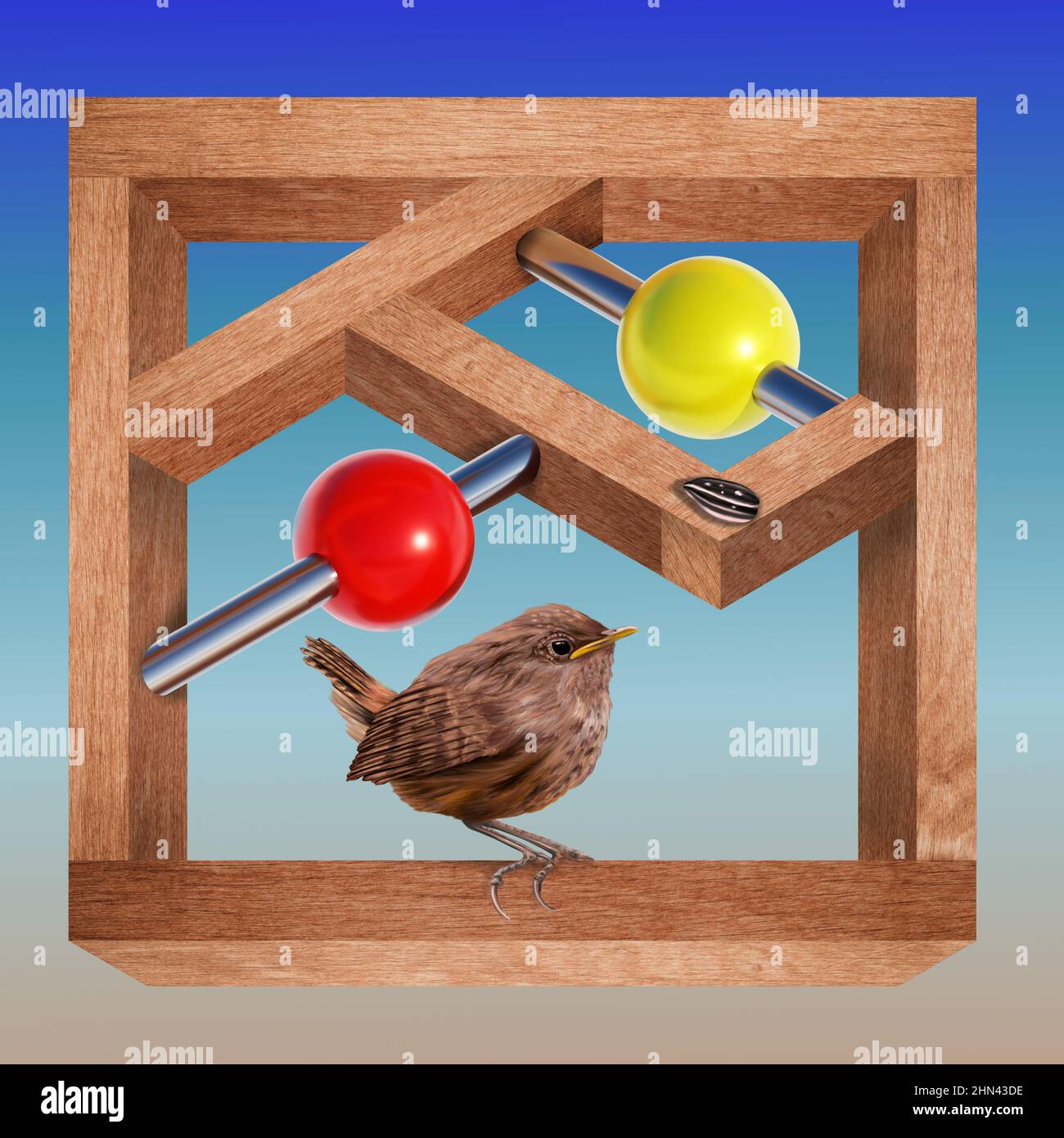 3d illustration of a small bird perched on an impossible wooden structure Stock Photo