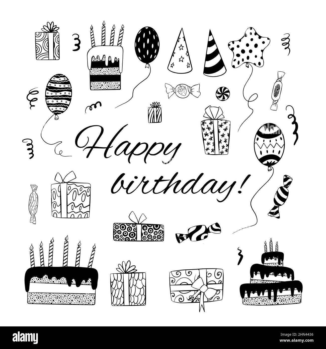 Birthday doodles collection. Hand drawn party icons on white background. Vector illustration. Stock Vector