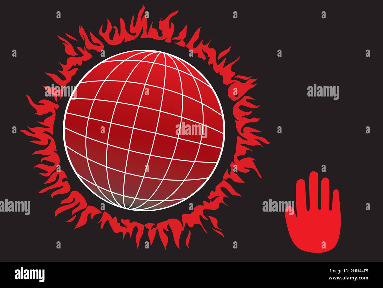 globe in red with fire or heat around the globe and black background, depicting climate change Stock Vector