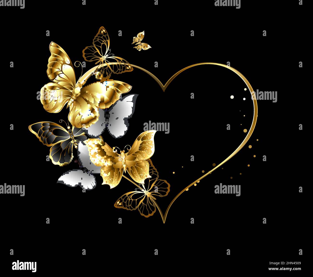 Gold heart shaped frame, decorated with gold, jewelry and white butterflies on black background. Stock Vector