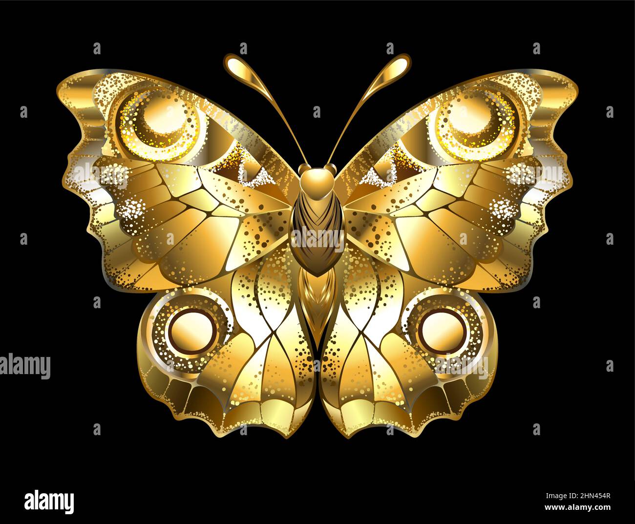 Artistically drawn, peacock butterfly, with textured wings of shiny gold on black background. Stock Vector