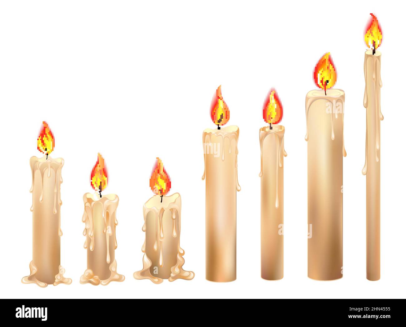 Set of isolated, artistically drawn, burning candles with red fire on white background. Stock Vector