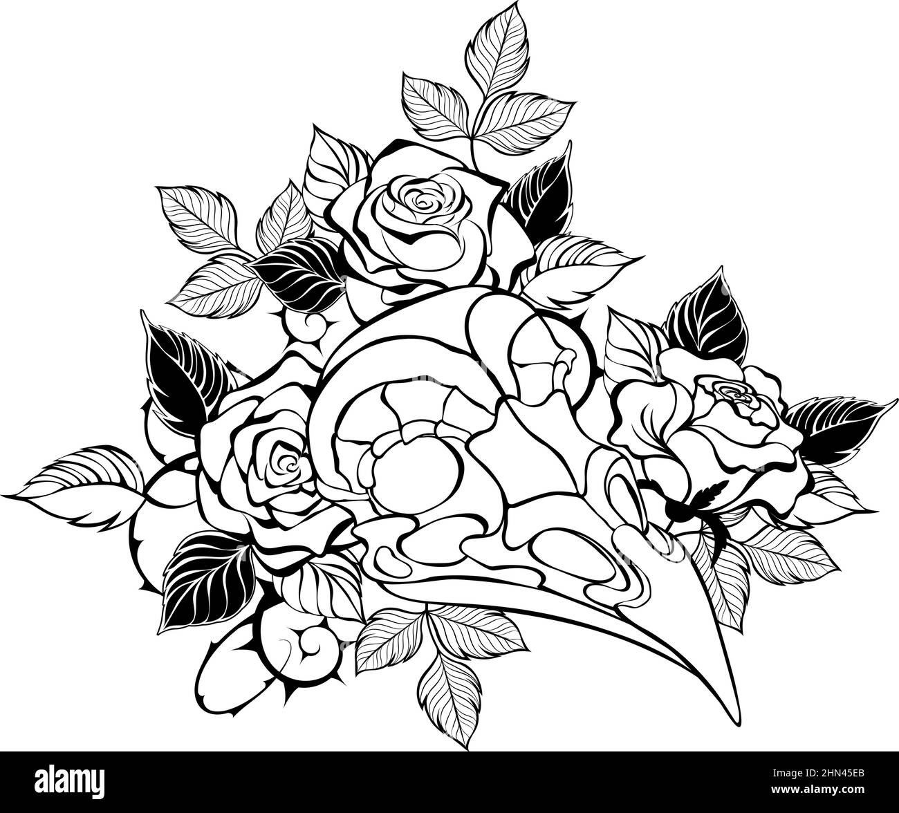 Artistically painted, Gothic, bird skull decorated with contoured, blooming roses with black leaves and stems on white background. Gothic style. Stock Vector