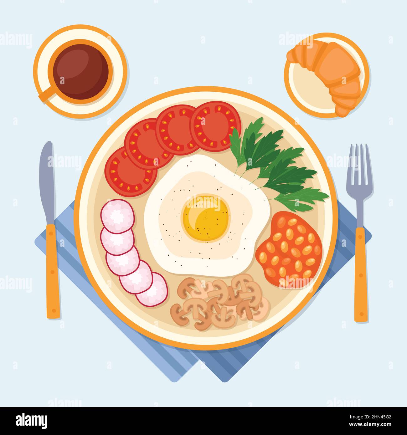 Breakfast with fried egg, croissant and coffee, vector illustration Stock Vector