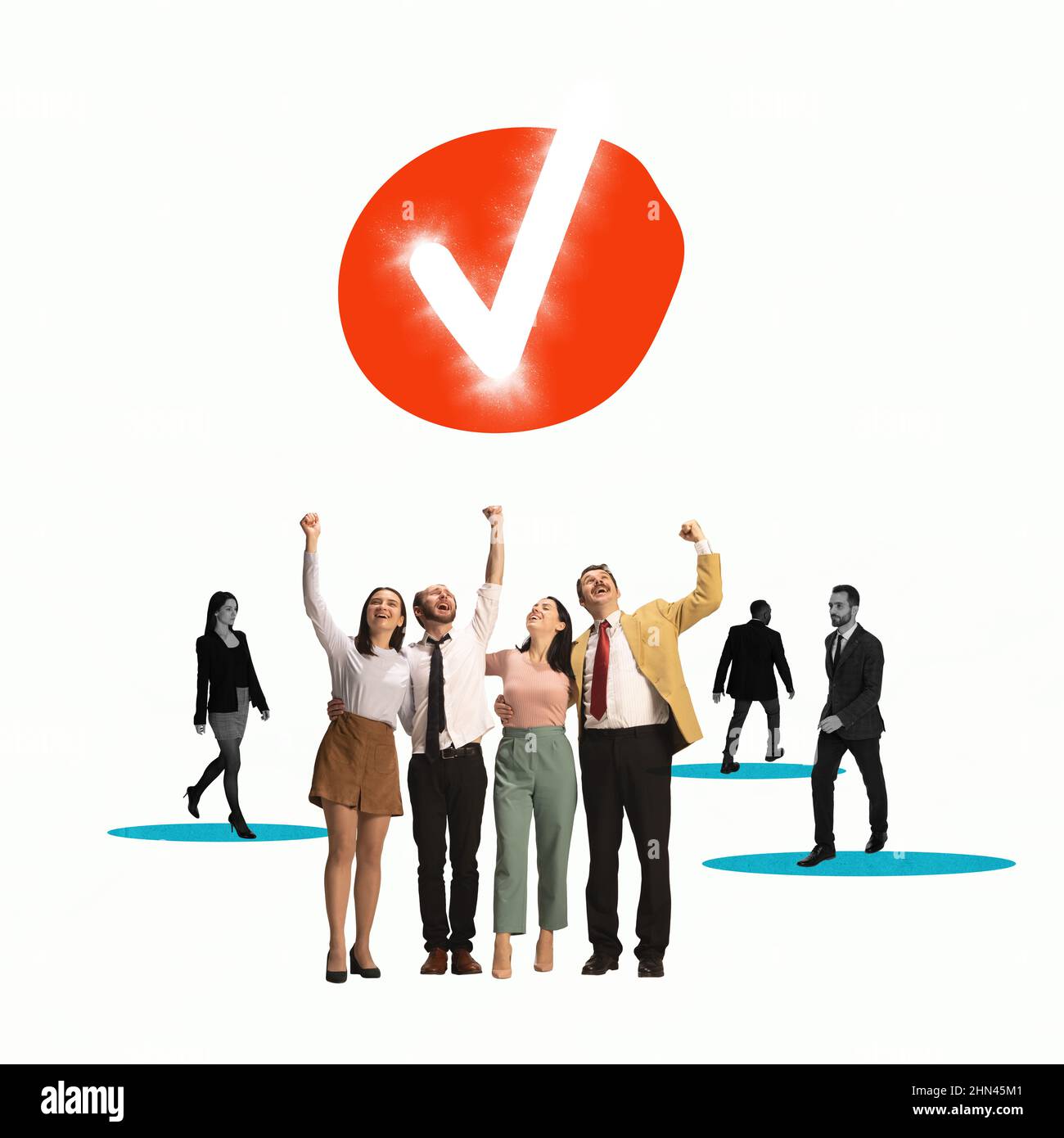 Contemporary art collage. Happy employees celebrating new job position