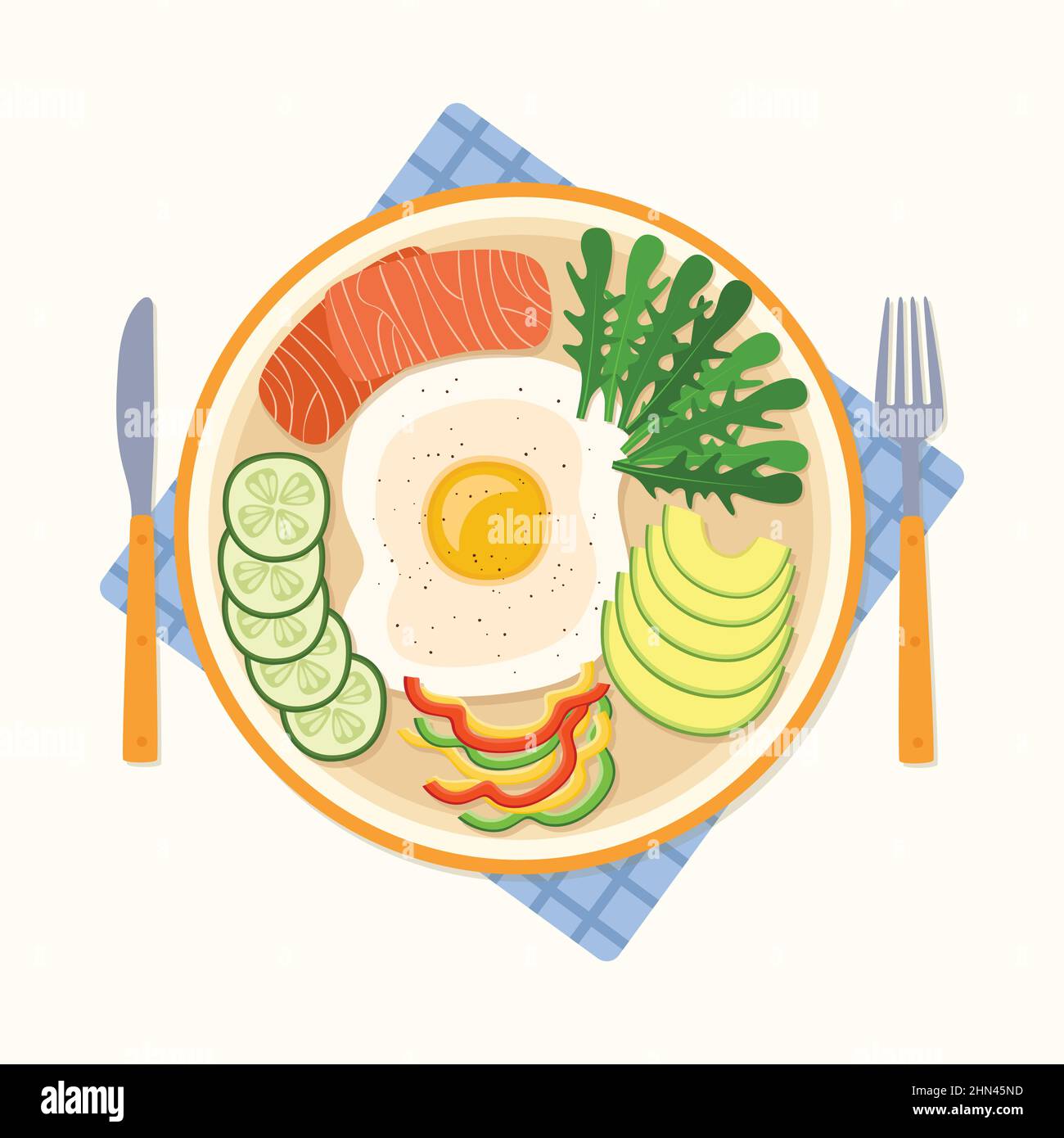 Breakfast with fried egg, cucumber, pepper, salmon and arugula, vector illustration Stock Vector