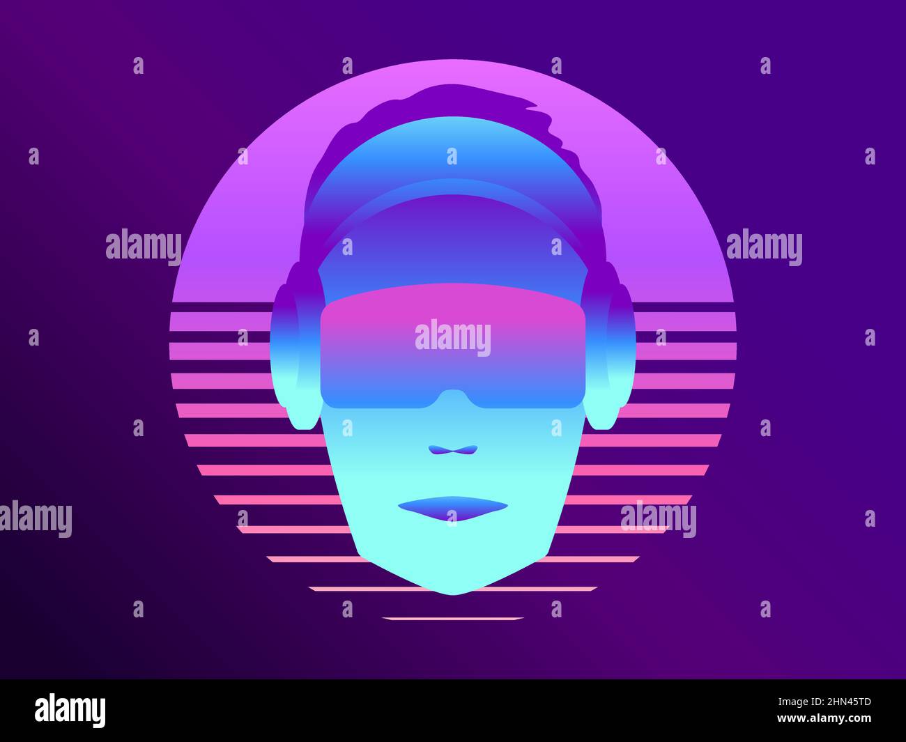 Face in headphones and virtual reality glasses on the background of the retro sun of the 80s. Metaverse NFT non-fungible token. Digital art in blockch Stock Vector